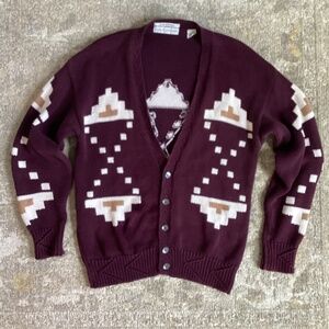 Henry Grethel maroon western Aztec graphic cotton button cardigan sweater Small
